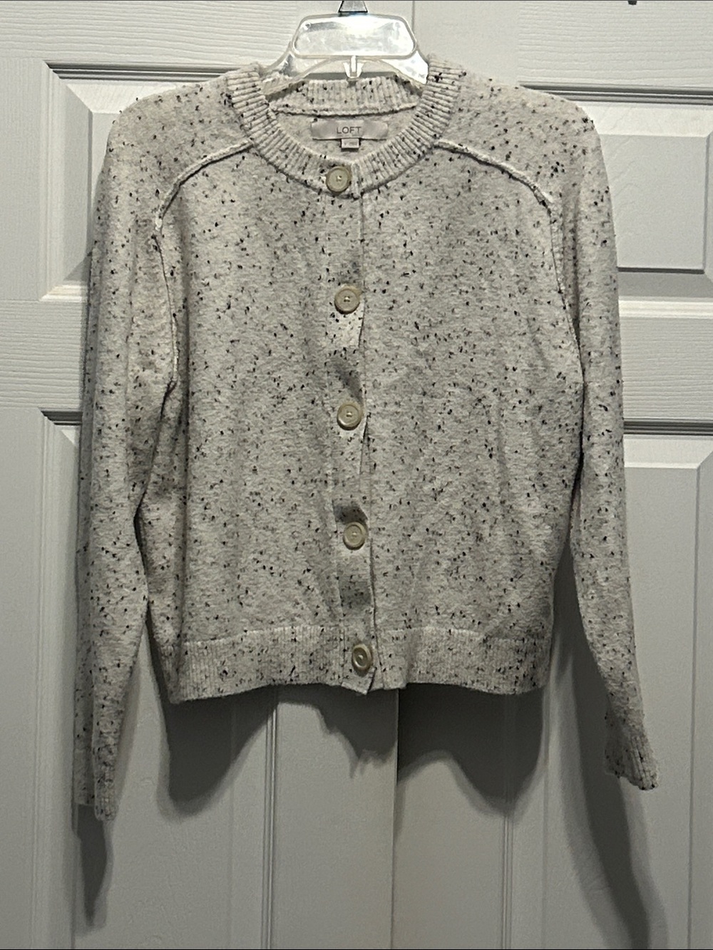LOFT Cream Speckled Button-Front Cardigan